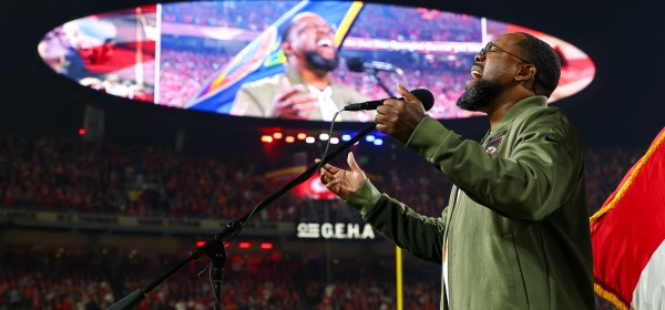 Retired Air Force Master Sergeant Robert Carter performs the National Anthem prior to a week 8 NFL Football game against the Washington Commanders on Monday, October 27, 2025 in Kansas City