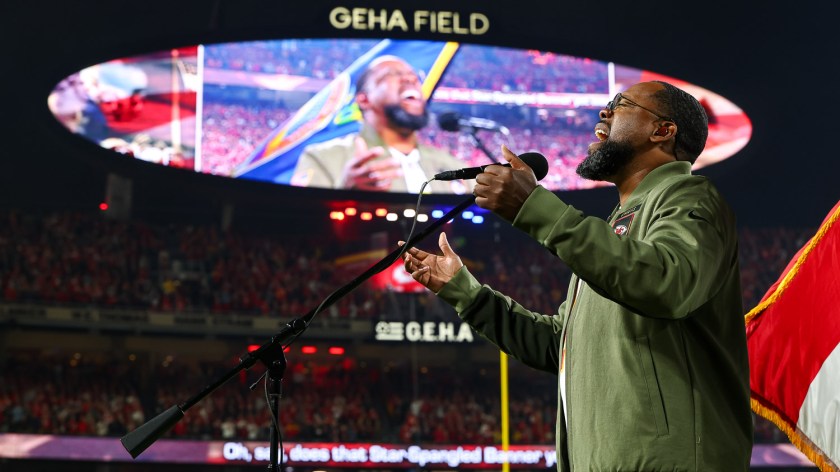 Retired Air Force Master Sergeant Robert Carter performs the National Anthem prior to a week 8 NFL Football game against the Washington Commanders on Monday, October 27, 2025 in Kansas City