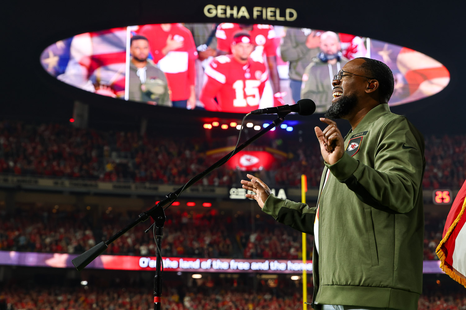 Retired Air Force Master Sergeant Robert Carter performs the National Anthem prior to a week 8 NFL Football game against the Washington Commanders on Monday, October 27, 2025 in Kansas City