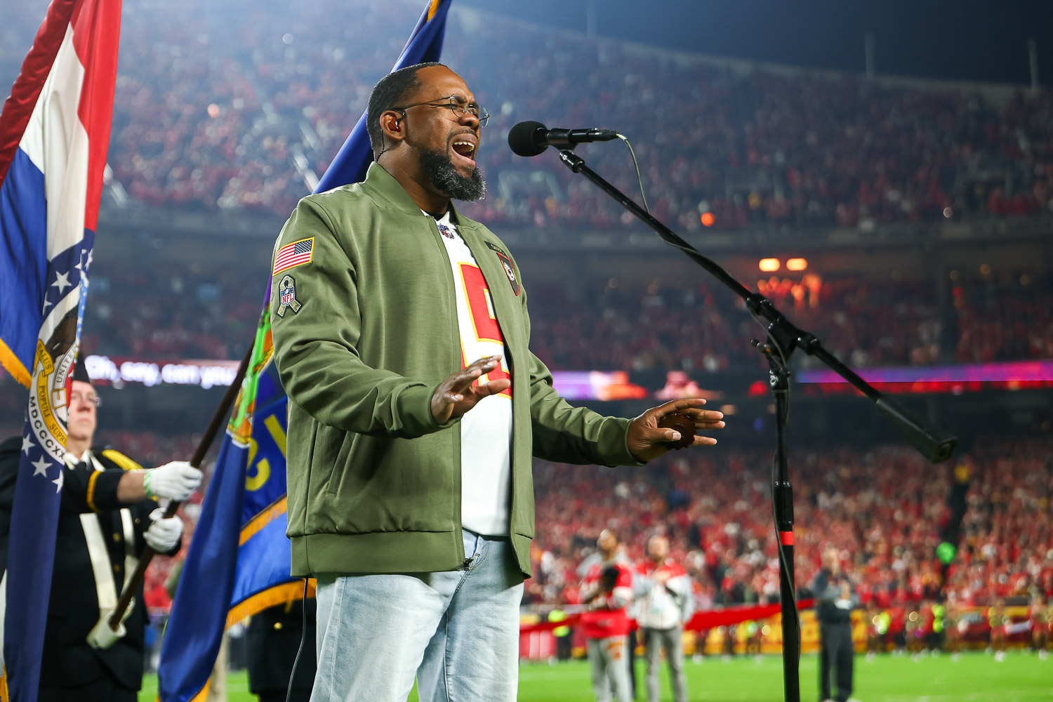 Retired Air Force Master Sergeant Robert Carter performs the National Anthem prior to a week 8 NFL Football game against the Washington Commanders on Monday, October 27, 2025 in Kansas City
