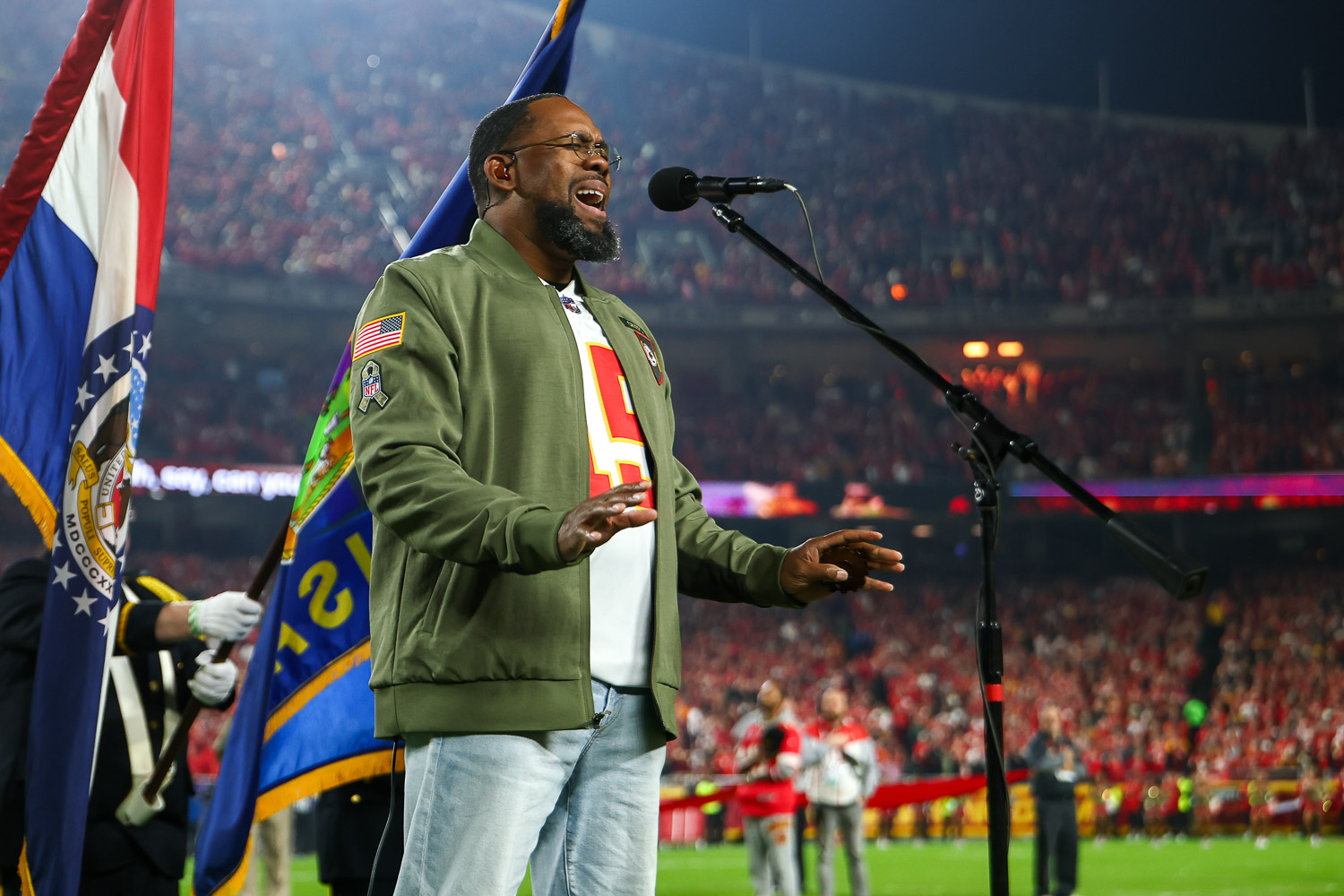 Retired Air Force Master Sergeant Robert Carter performs the National Anthem prior to a week 8 NFL Football game against the Washington Commanders on Monday, October 27, 2025 in Kansas City