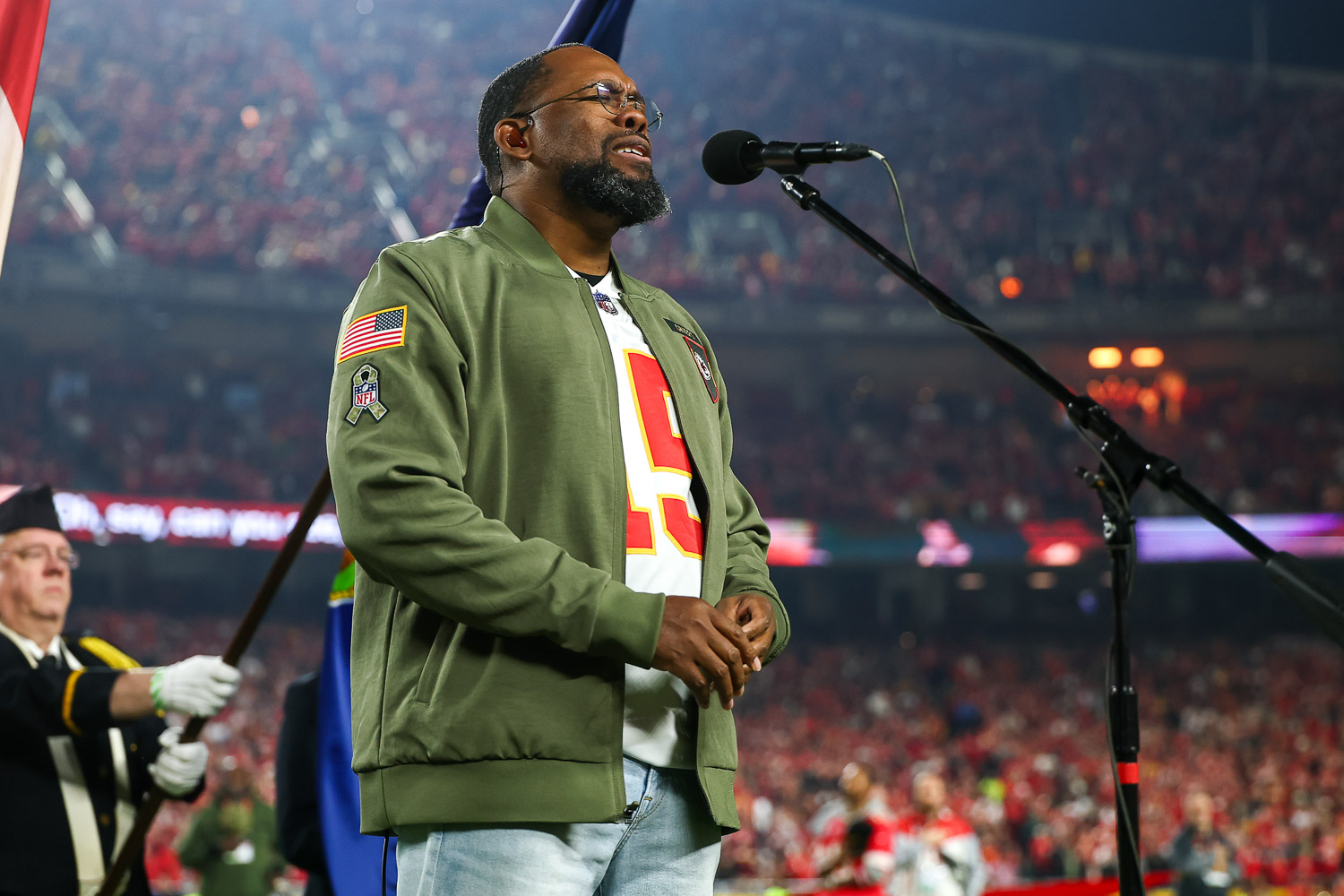 Retired Air Force Master Sergeant Robert Carter performs the National Anthem prior to a week 8 NFL Football game against the Washington Commanders on Monday, October 27, 2025 in Kansas City