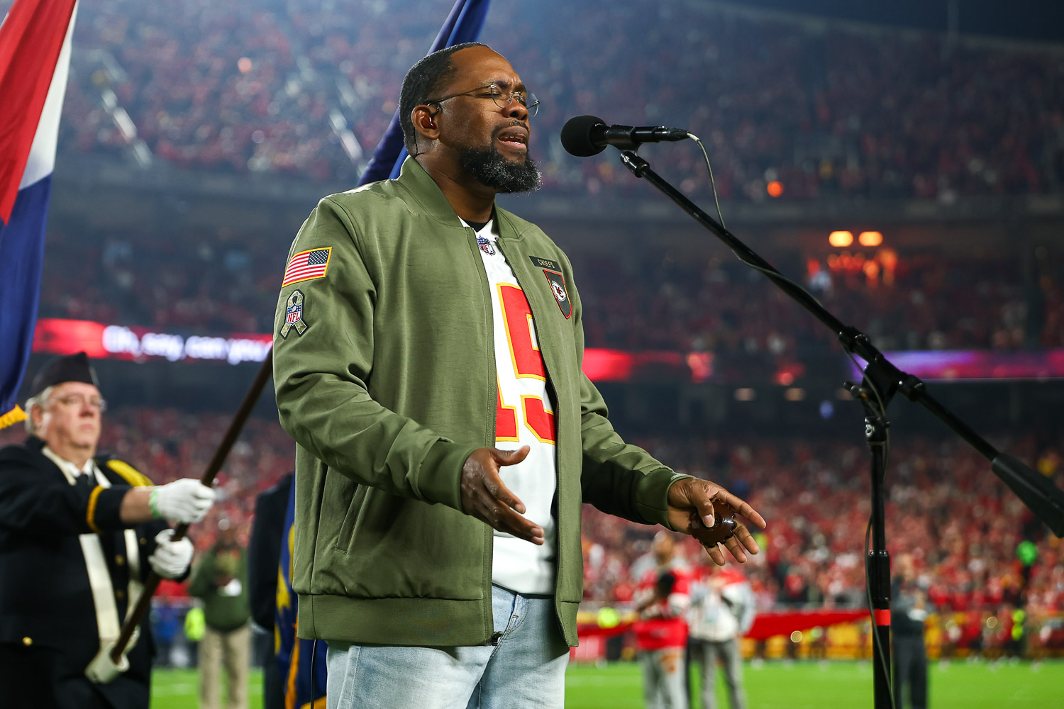 Retired Air Force Master Sergeant Robert Carter performs the National Anthem prior to a week 8 NFL Football game against the Washington Commanders on Monday, October 27, 2025 in Kansas City