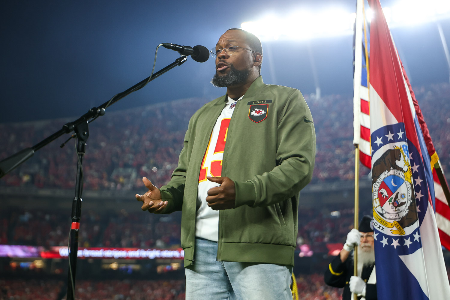 Retired Air Force Master Sergeant Robert Carter performs the National Anthem prior to a week 8 NFL Football game against the Washington Commanders on Monday, October 27, 2025 in Kansas City