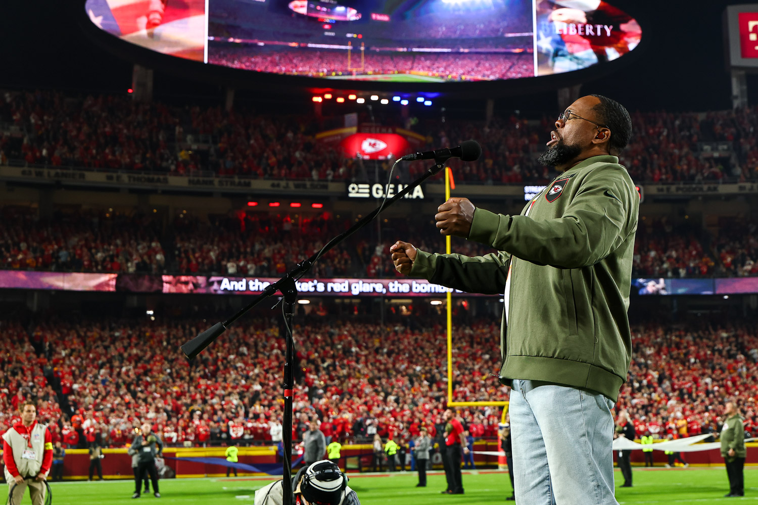 Retired Air Force Master Sergeant Robert Carter performs the National Anthem prior to a week 8 NFL Football game against the Washington Commanders on Monday, October 27, 2025 in Kansas City